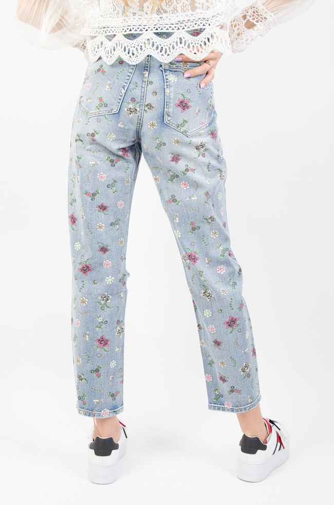 SPODNIE RELAXED FIT W DROBNE KWIATY Z PRZETARCIAMI