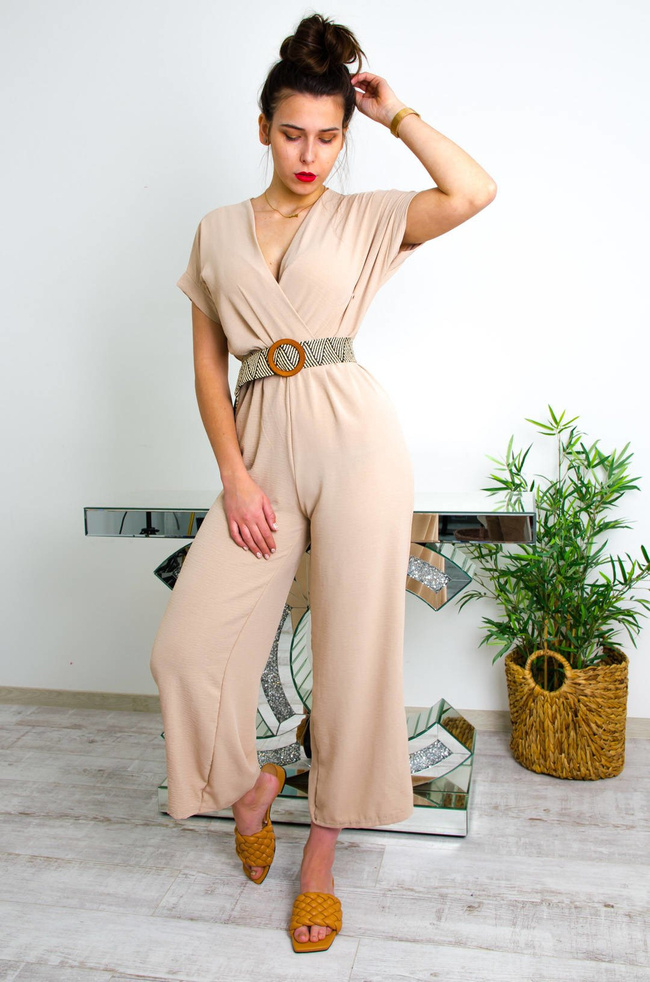 BEŻOWY KOMBINEZON W SZPIC + PASEK