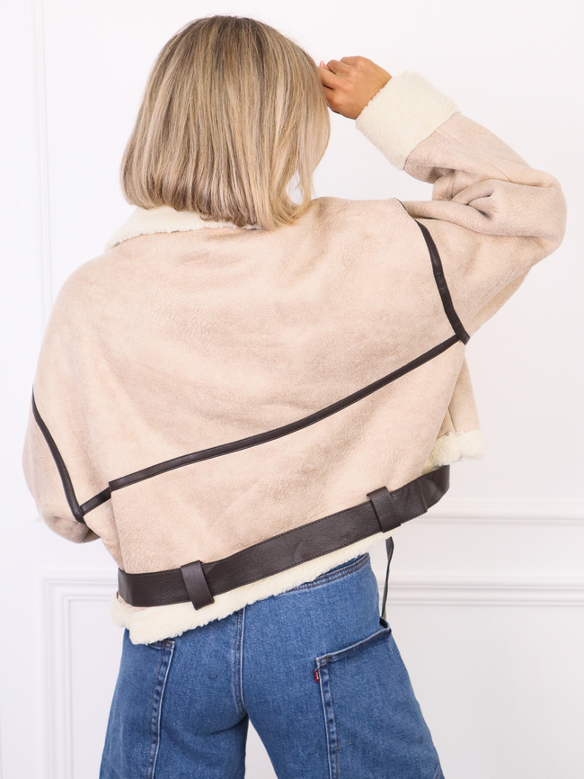 KURTKA ZIMOWA KOŻUSZEK Z PASKIEM NA DOLE- BEŻOWY