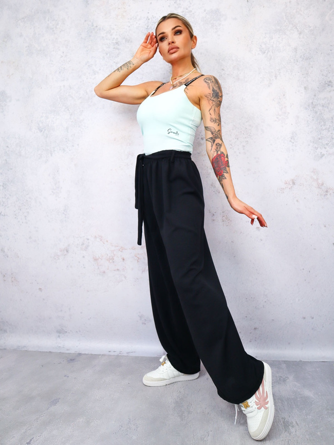 SPODNIE SZEROKIE Z GUMĄ I WIĄZANIEM W PASIE- CZARNE