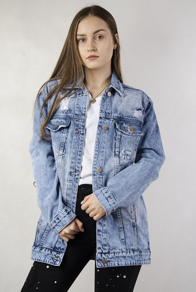 Kurtka jeansowa dłuższa z przetarciami