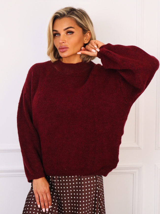 SWETER OVERSIZE Z DOMIESZKĄ WEŁNY- BORDOWY