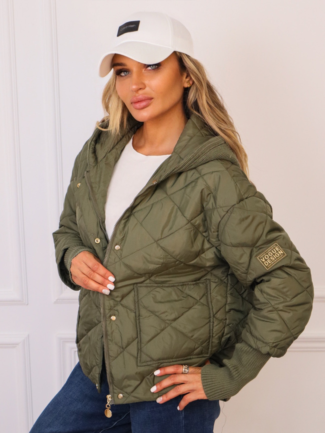 PIKOWANA KURTKA ZE SWETERKOWYM KAPTUREM I ŚCIĄGACZEM NA RĘKAWIE- ZIELONA