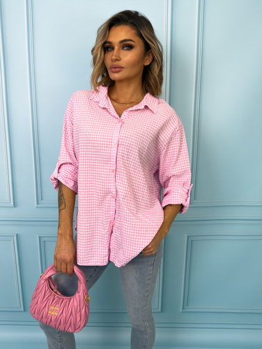 KOSZULA W DROBNĄ KRATKĘ ZAPINANA NA GUZIKI- JASNORÓŻOWA