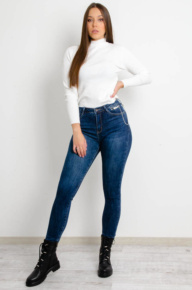 CIEMNE SPODNIE JEANSOWE Z PRZYPINKĄ-WYSOKI STAN