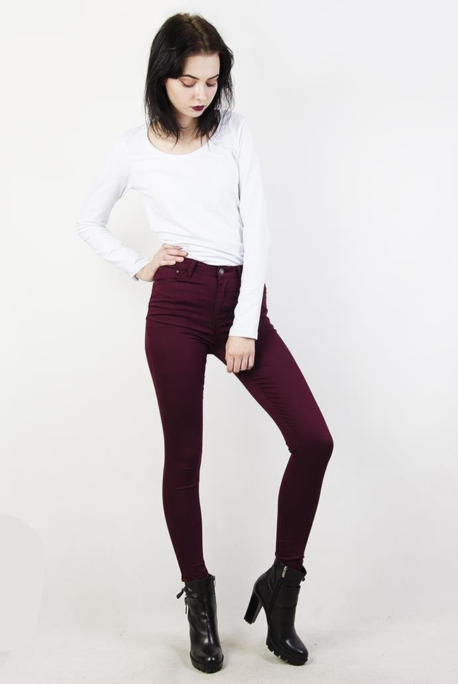 Bordowe spodnie skinny jeans z wysokim stanem