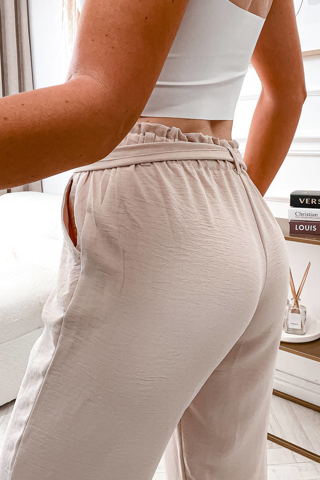 SPODNIE PAPERBAG Z WIĄZANIEM W PASIE- BEŻOWE