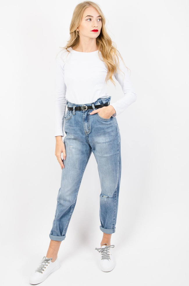 JASNE SPODNIE JEANSOWE TYPU BOYFRIEND Z GUMĄ W PASIE + PASEK
