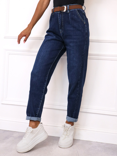 SPODNIE JEANSOWE MOM FIT Z PRZESZYCIAMI PRZY KIESZENI +PASEK