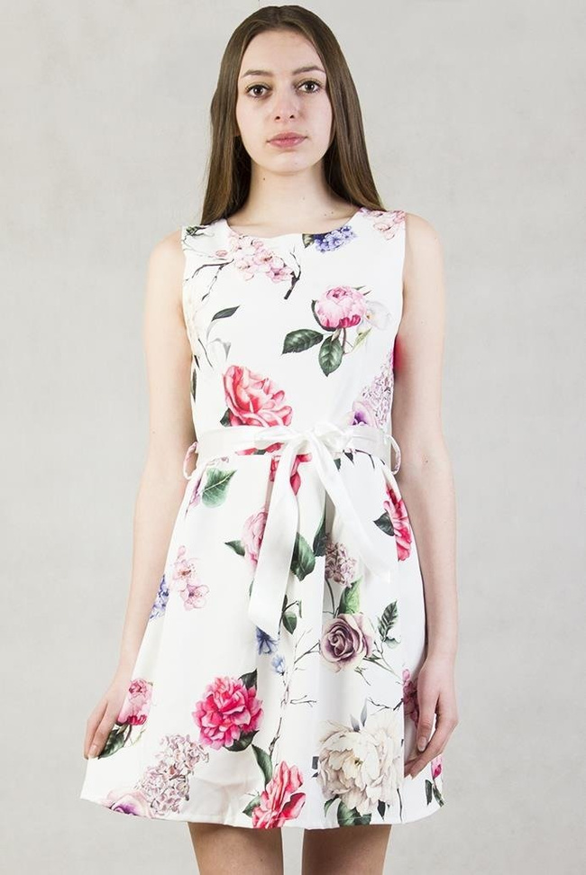 Biała sukienka w kolorowe kwiaty