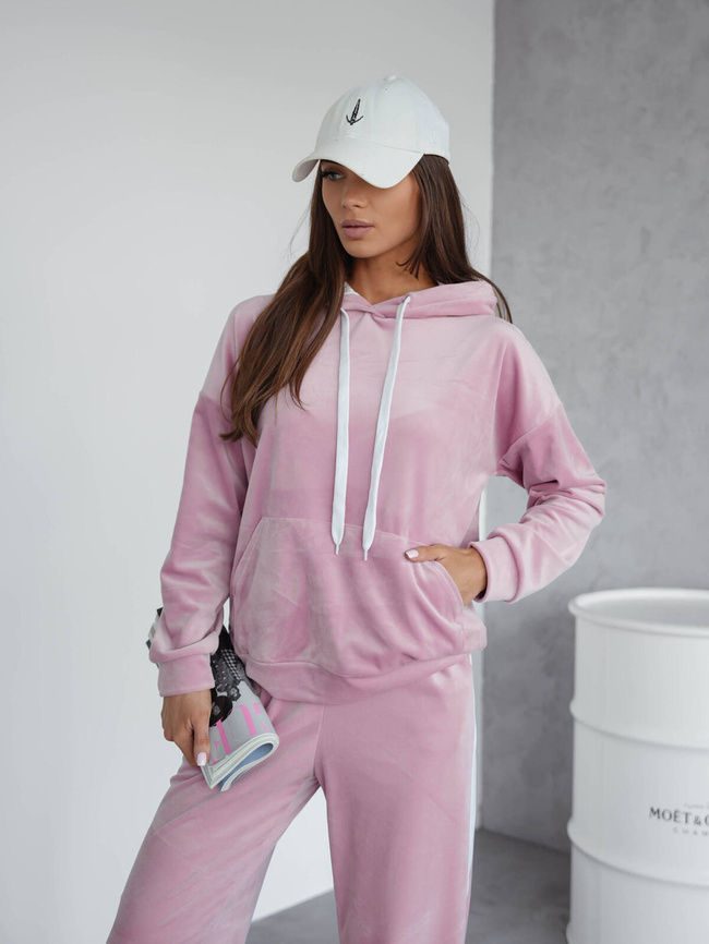 KOMPLET WELUROWY BLUZA+ SPODNIE Z KONTRASTOWYMI LAMPASAMI- PUDROWY