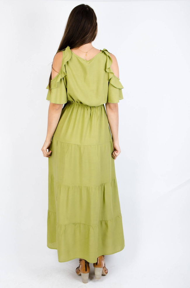 ZIELONA DŁUGA SUKIENKA Z WYCIĘCIEM NA RAMIONACH