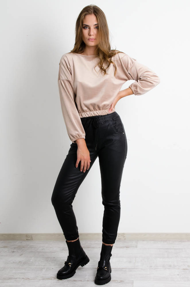 BEŻOWA KRÓTKA BLUZA WELUROWA