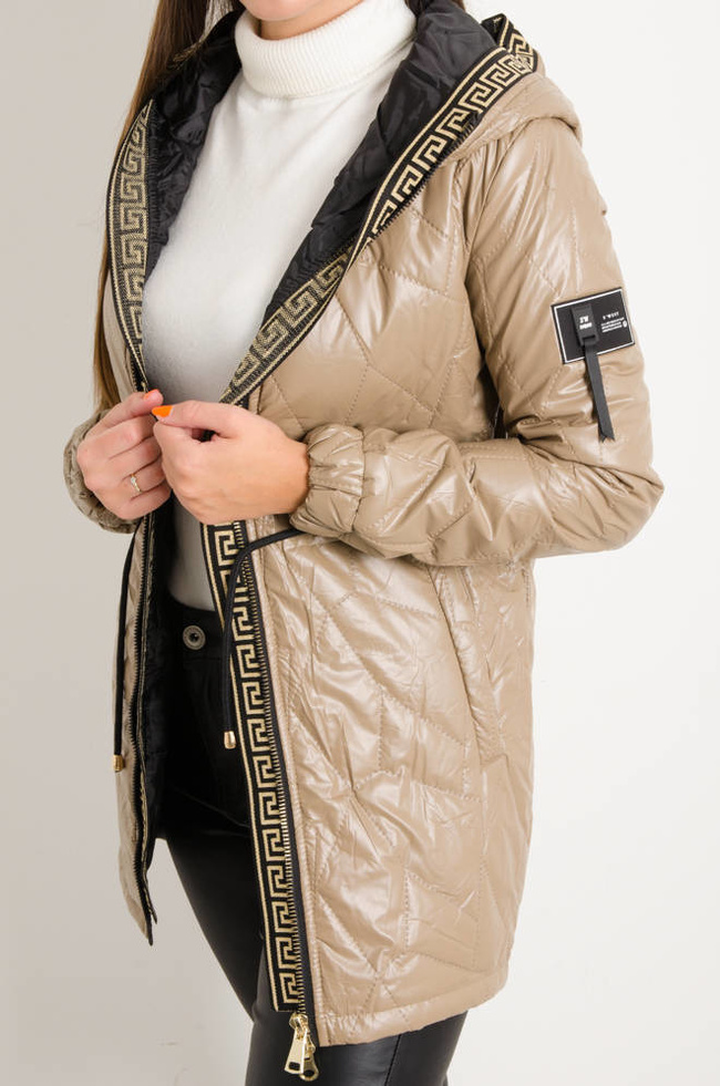 KURTKA ASYMETRYCZNA PIKOWANA WIĄZANA W PASIE- BEŻOWA