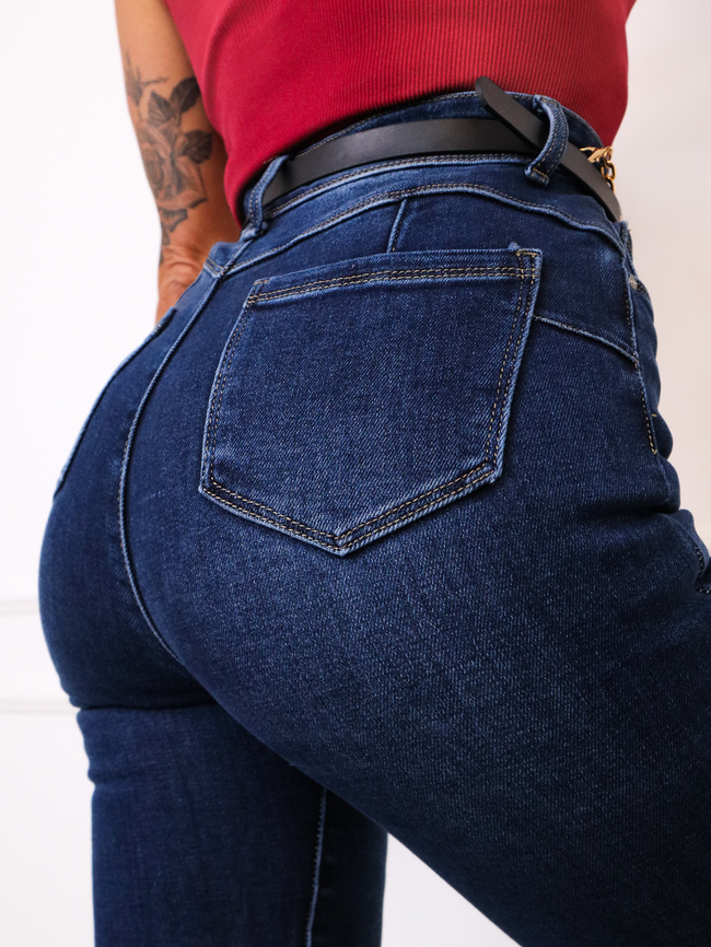 SPODNIE JEANSOWE SKINNY Z PRZESZYCIAMI PRZY KIESZENI + PASEK - GRANATOWE