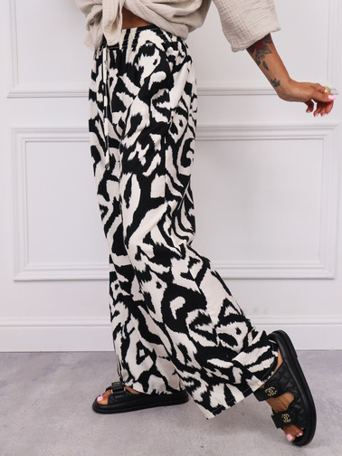 SPODNIE WZORZYSTE Z GUMĄ I WIĄZANIEM W PASIE- CZARNE