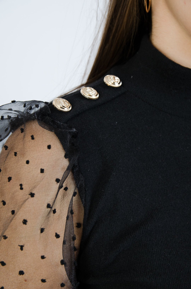 Czarna bluzka z bufkami oraz siateczkowymi rękawami