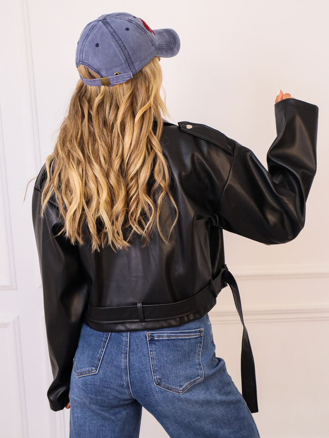 KURTKA RAMONESKA Z PASKIEM- CZARNA