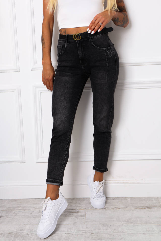 SZARE SPODNIE JEANSOWE MOM FIT Z APLIKACJĄ PRZY KIESZENI
