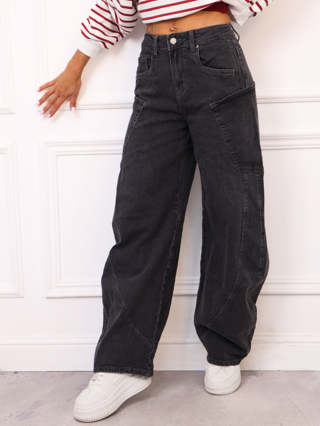 SPODNIE JEANSOWE Z NOGAWKAMI TYPU BARREL- CZARNE