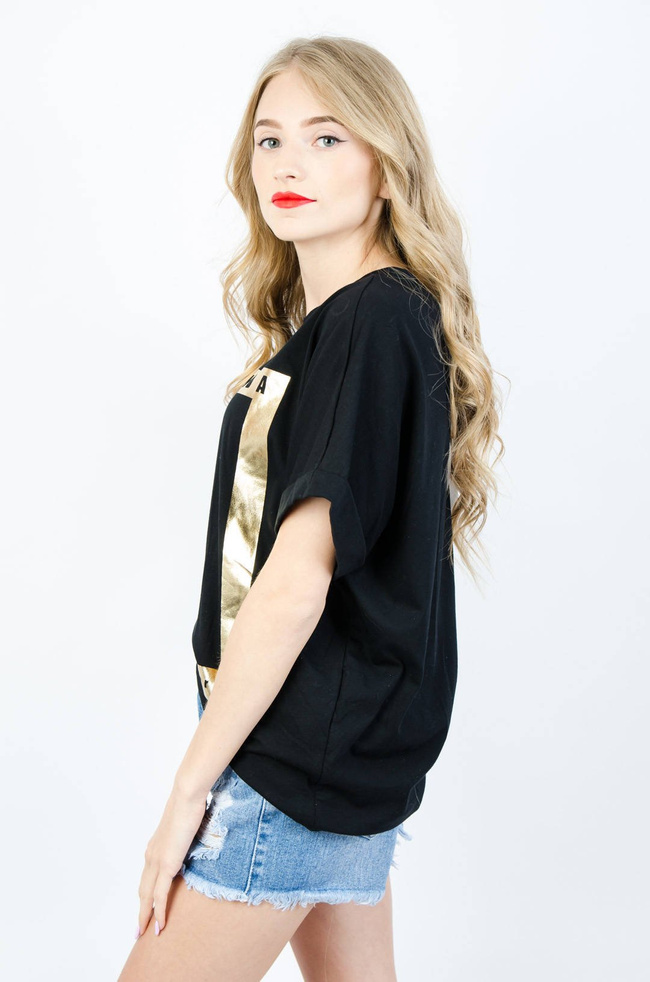 CZARNY BAWEŁNIANY T-SHIRT ZE ZŁOTYM NADRUKIEM ORAZ WIĄZANIEM NA PLECACH 