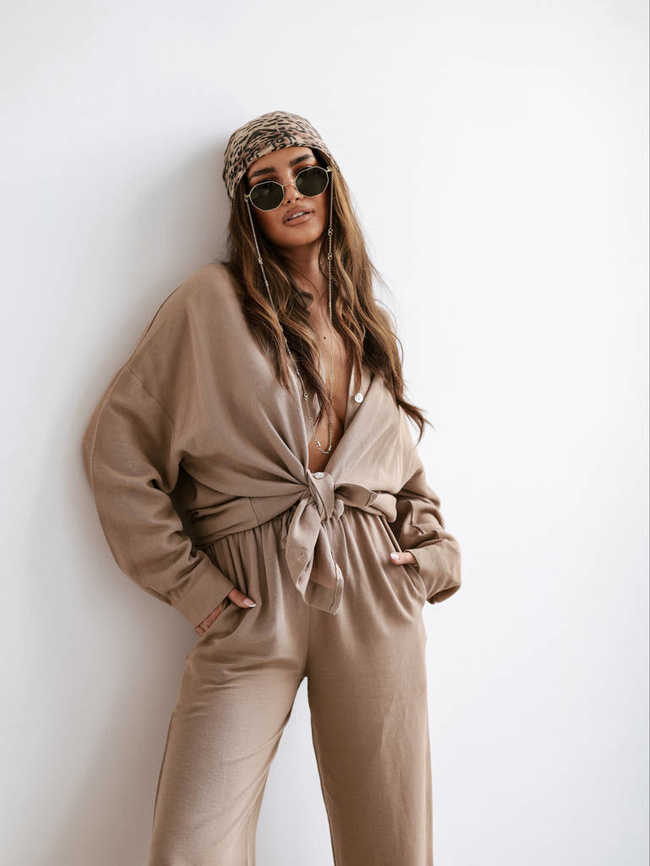 LNIANY KOMPLET KOSZULA+ SPODNIE- BRĄZOWY