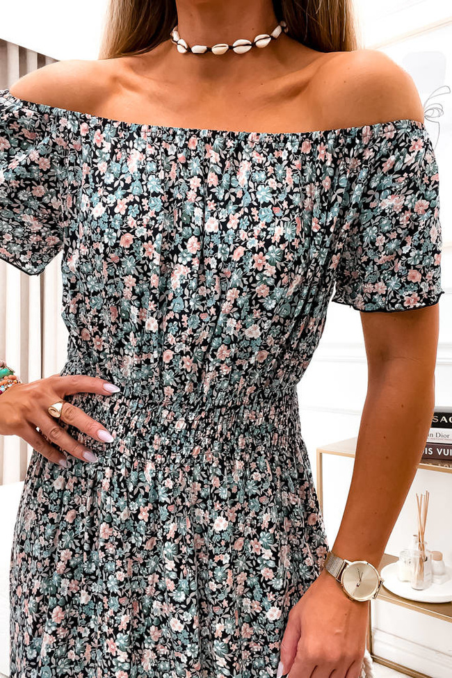 SUKIENKA HISZPANA MAXI W KWIATY Z GUMĄ W PASIE- CZARNA