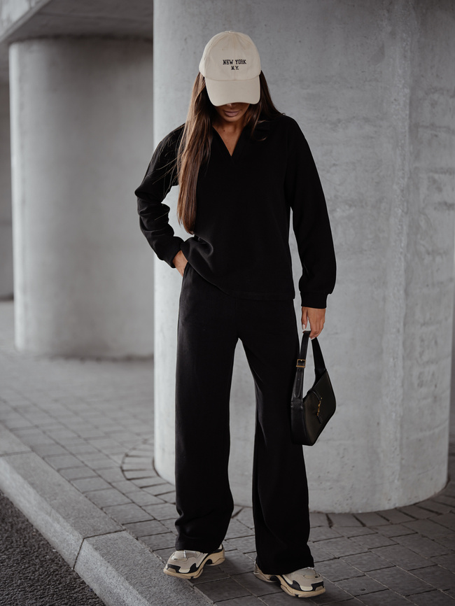 KOMPLET DZIANINOWY SWETERKOWA BLUZA+ SPODNIE- CZARNY