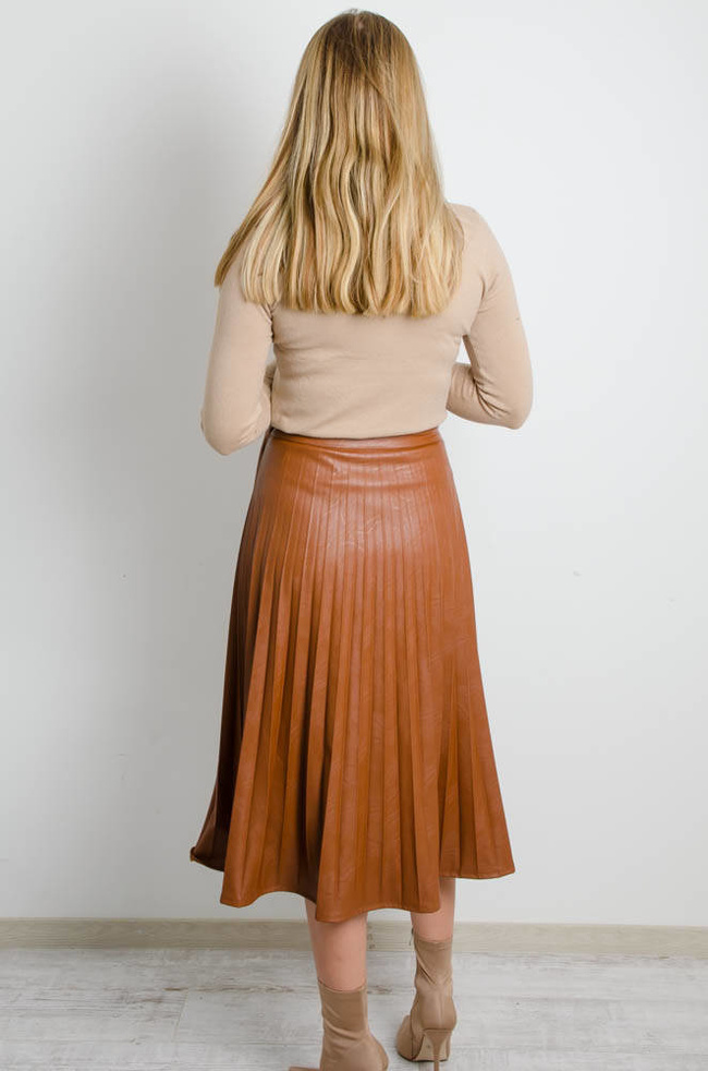 BRĄZOWA  PLISOWANA SPÓDNICA Z EKO SKÓRY -REGULOWANA