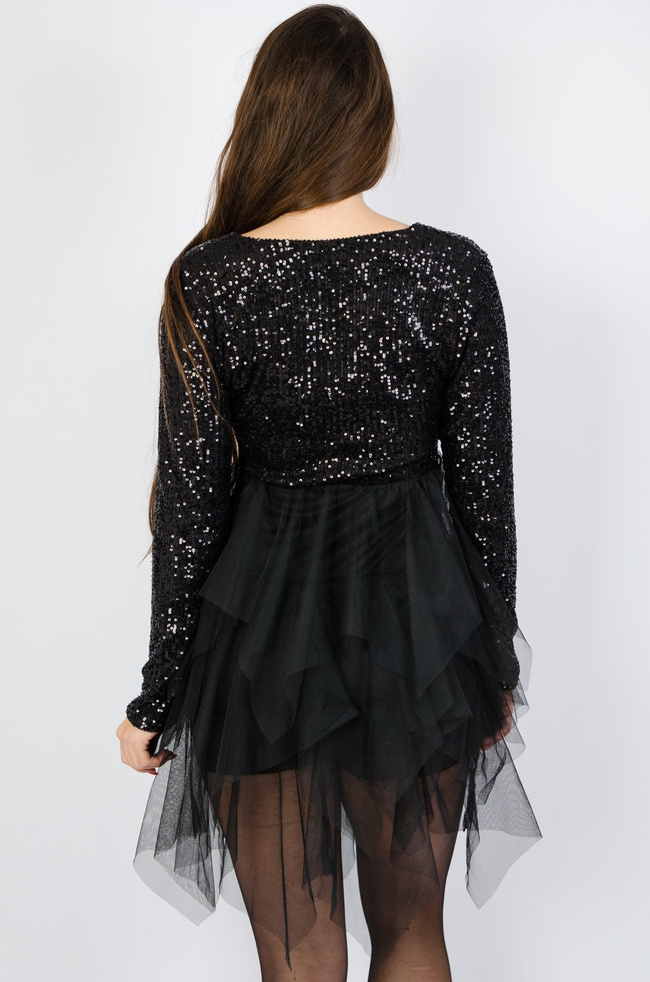 CZARNA TIULOWA SUKIENKA Z CEKINAMI 