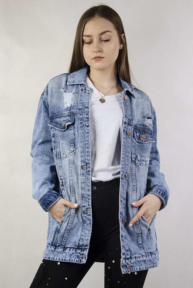 Kurtka jeansowa dłuższa z przetarciami