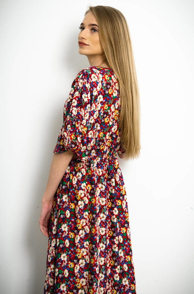 CZERWONA ASYMETRYCZNA SUKIENKA W KWIATY