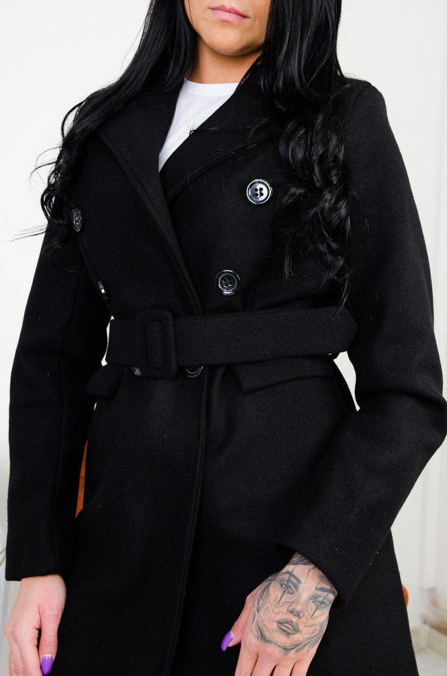 DŁUGI CZARNY TALIOWANY PŁASZCZ 