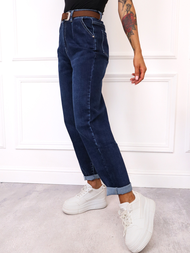 SPODNIE JEANSOWE MOM FIT Z PRZESZYCIAMI PRZY KIESZENI +PASEK