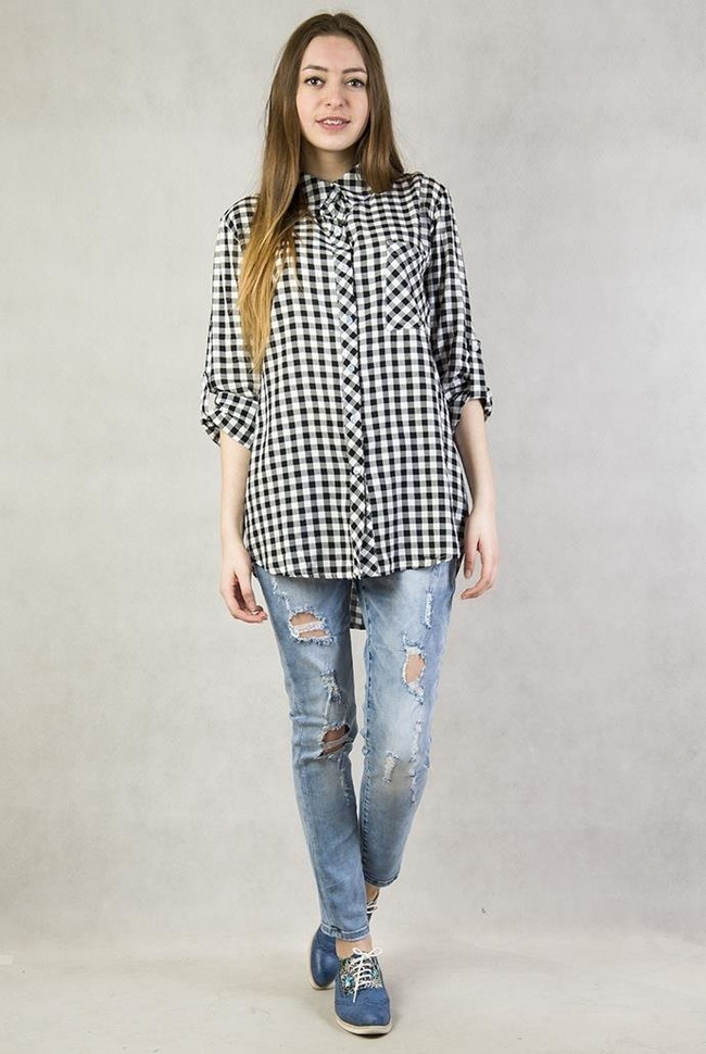 Asymetryczna Koszula w czarno-białą kratę