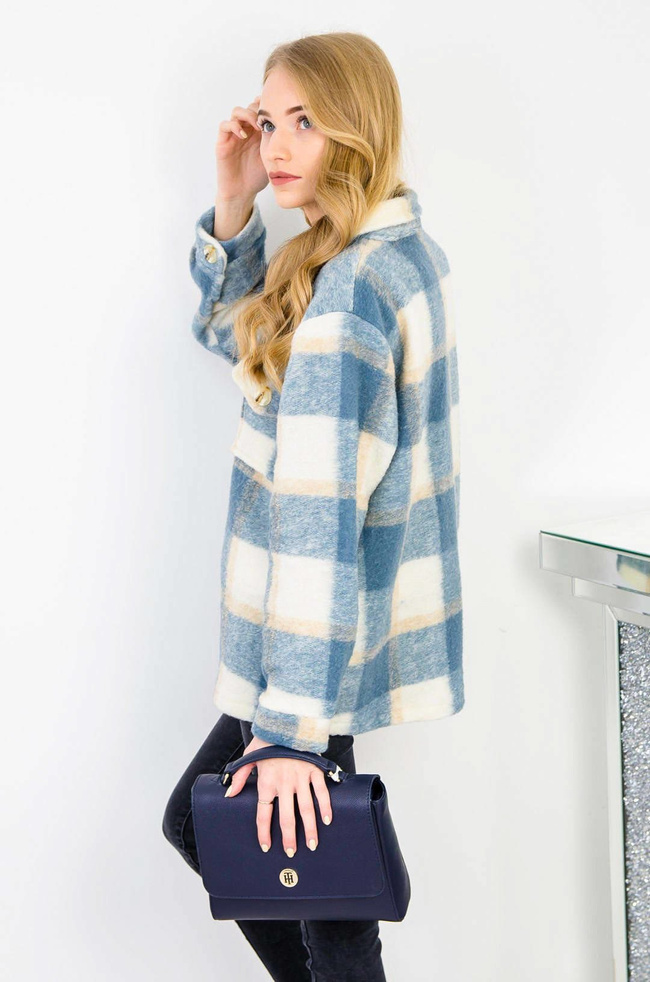 NIEBIESKI PŁASZCZ KOSZULA W KRATĘ