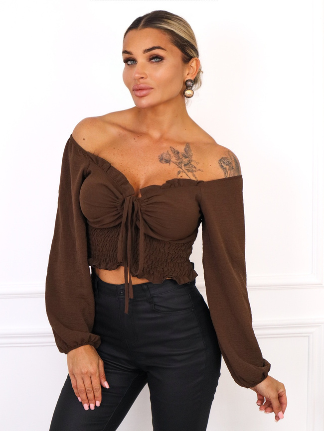 BLUZKA TOP Z WIĄZANIEM- CZEKOLADOWA