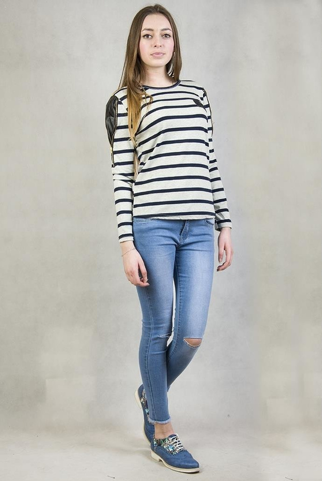 Szaro-granatowa bluzka w paski z czarnym serduszkiem w cekiny