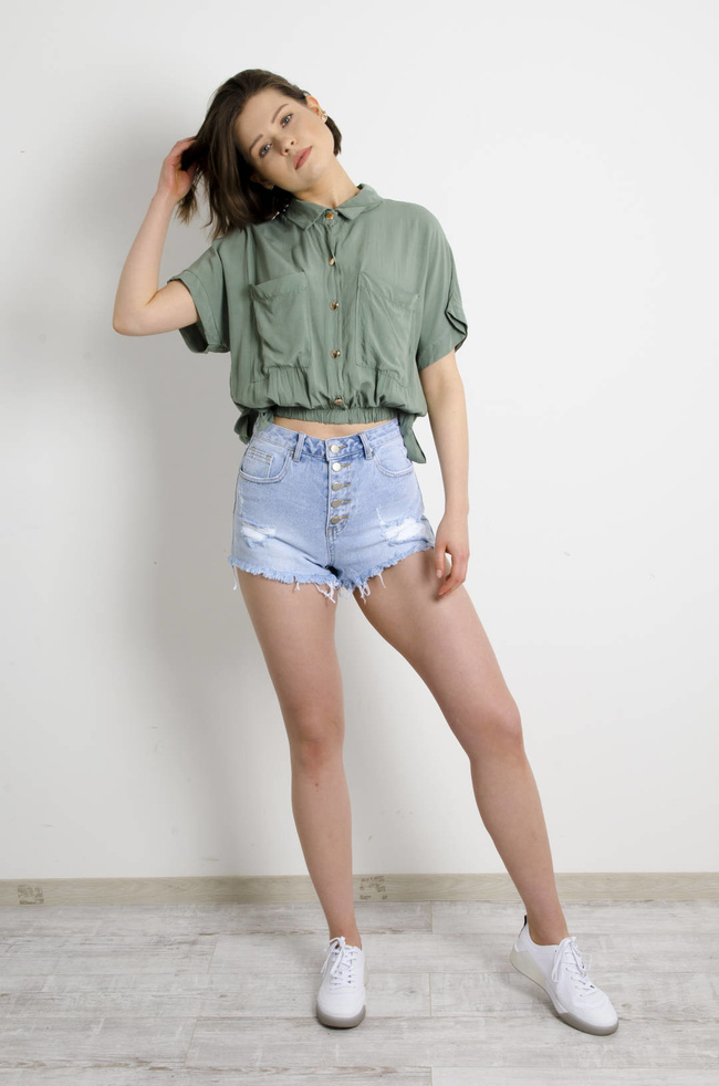 BLUZKA KOSZULOWA Z KIESZENIAMI - CIEMNO ZIELONA