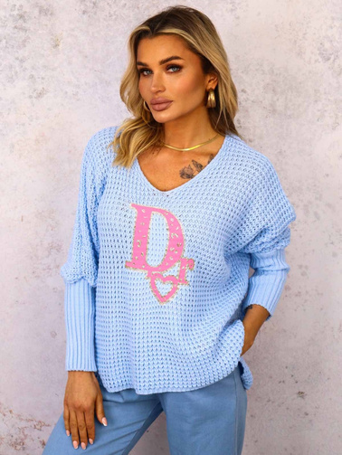 SWETER OVERSIZE O KROJU NIETOPERZA Z OZDOBNĄ APLIKACJĄ- NIEBIESKI
