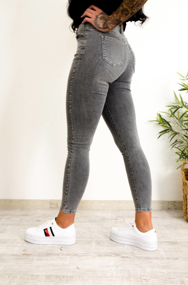 SZARE SPODNIE JEANSOWE Z DŻETAMI - WYSOKI STAN