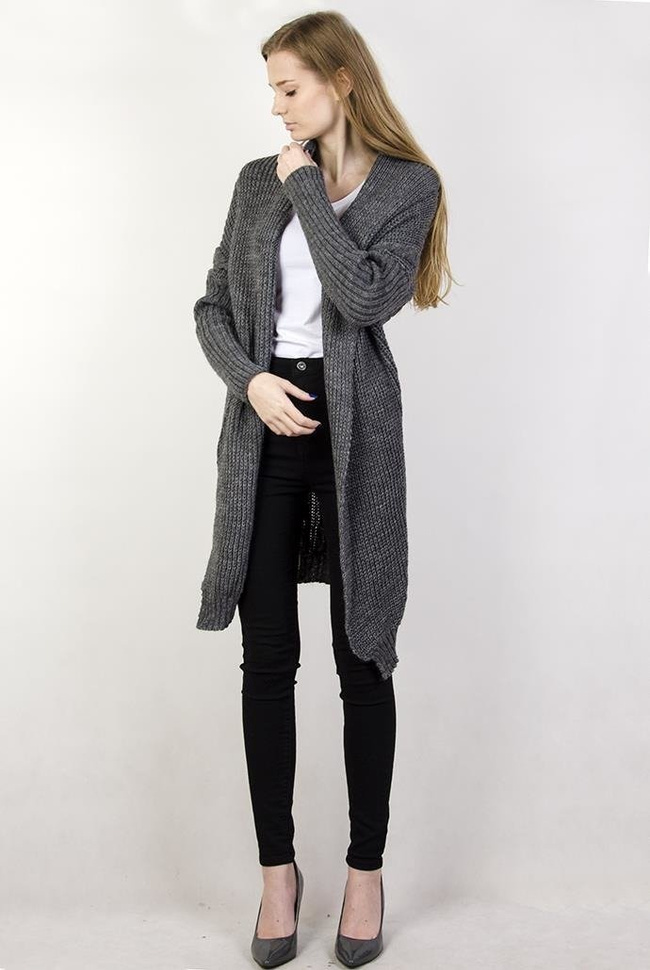 Ciemnoszary sweter kardigan z wywijanym kołnierzem