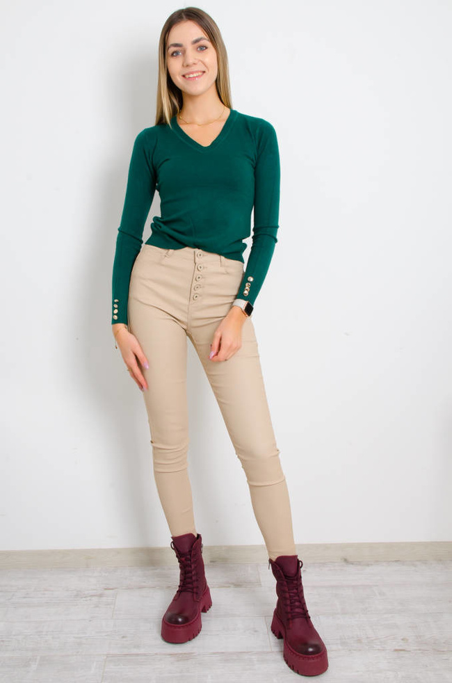 SPODNIE WOSKOWANE Z WYSOKIM STANEM I GUZIKAMI- BEŻOWE