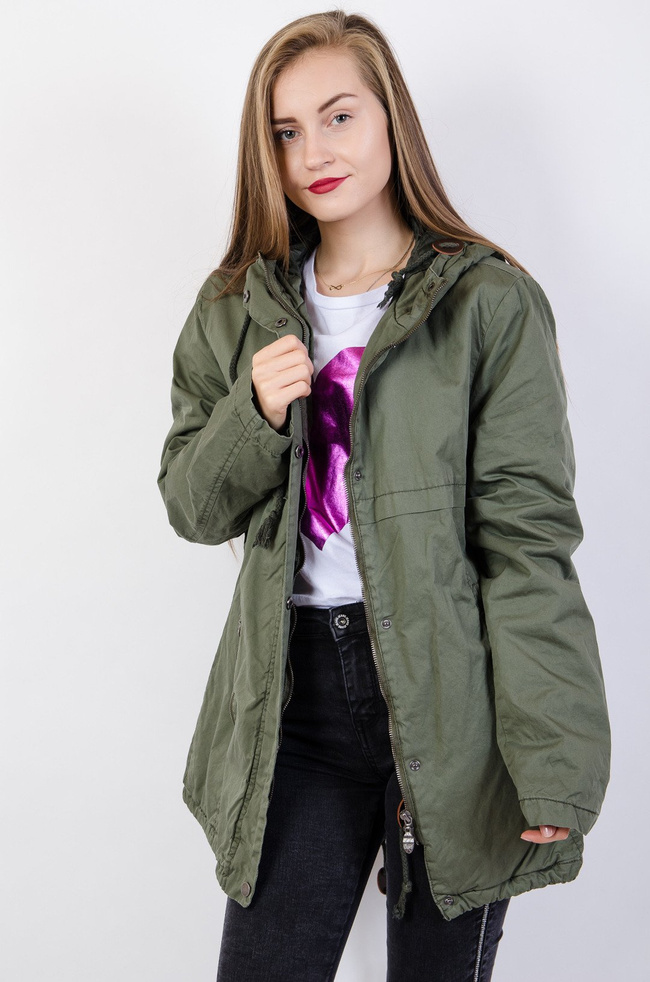 Zielona, asymetryczna kurtka parka