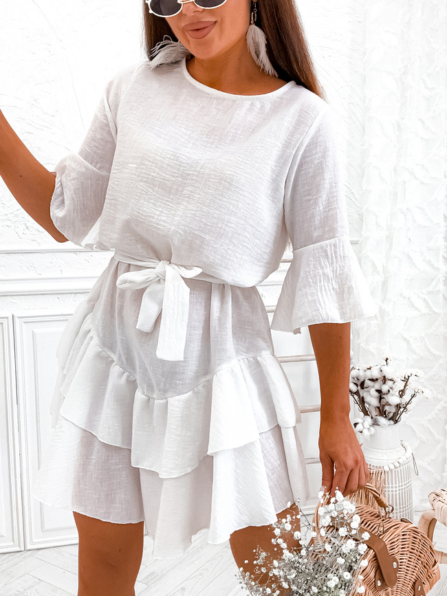 LNIANA SUKIENKA Z FALBANĄ I WIĄZANIEM W PASIE- ECRU