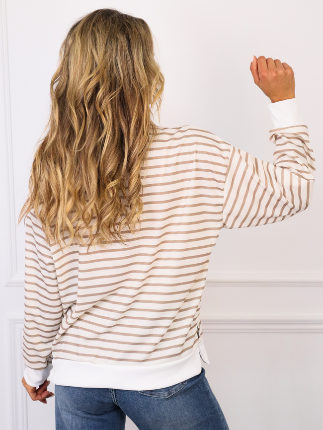 BLUZA BAWEŁNIANA OVERSIZE W PASKI - BEŻOWA