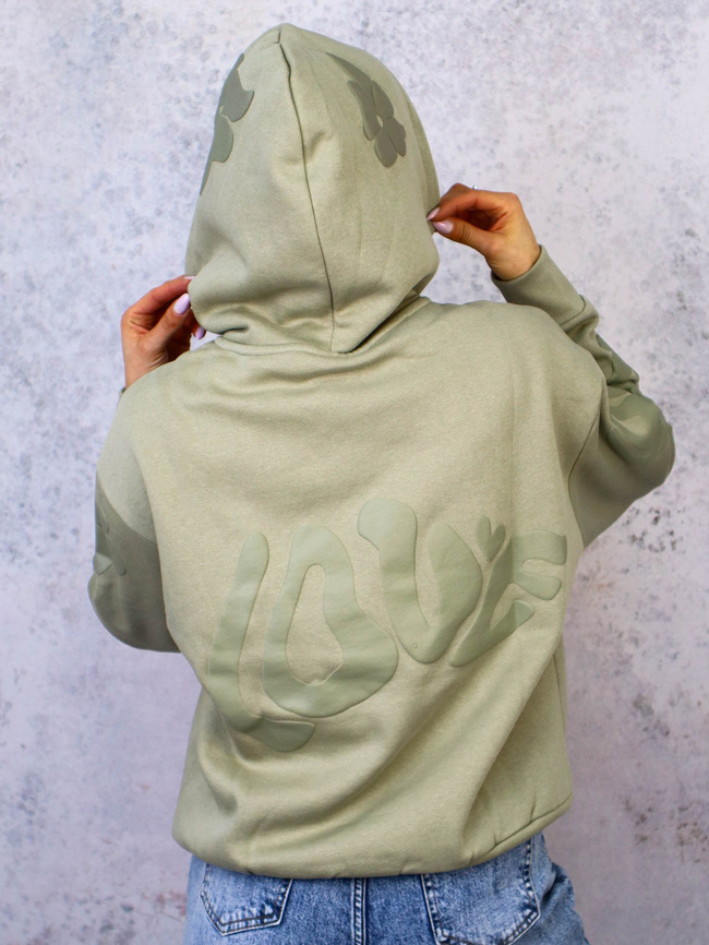 BLUZA OVERSIZE Z KWIATAMI I NAPISEM- ZIELONA