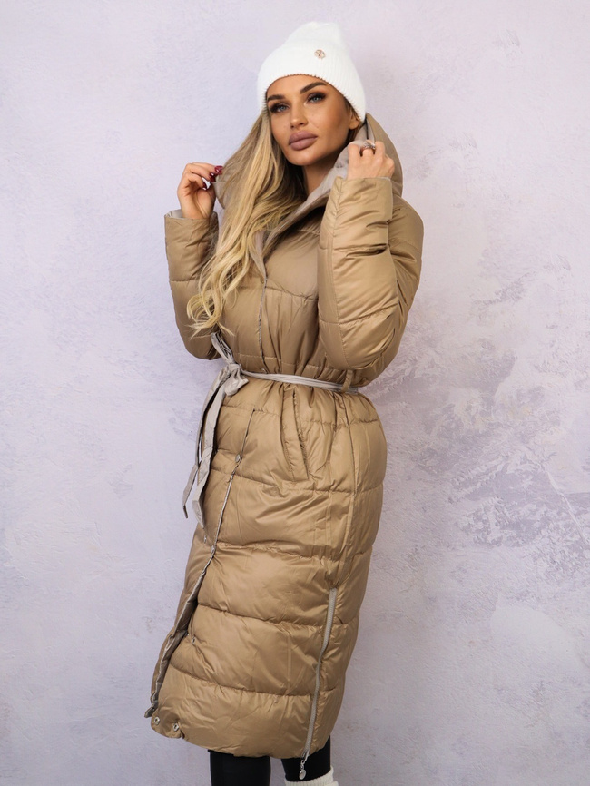 PŁASZCZ DWUSTRONNY Z WIĄZANIEM W PASIE- BEŻOWO-BRĄZOWY