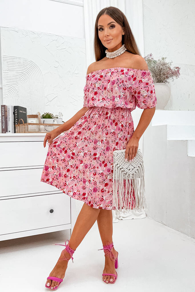 SUKIENKA W KWIATY HISZPANKA Z GUMKĄ W PASIE- RÓŻOWA