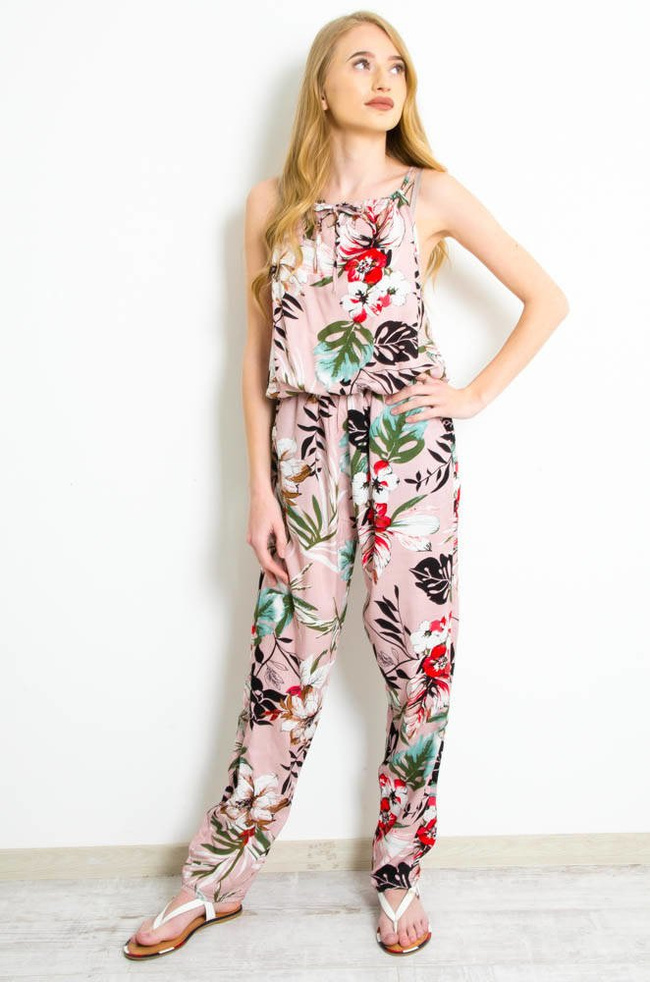 DŁUGI KOMBINEZON NA CIENKICH RAMIĄCZKACH W KWIATY - RÓŻOWY